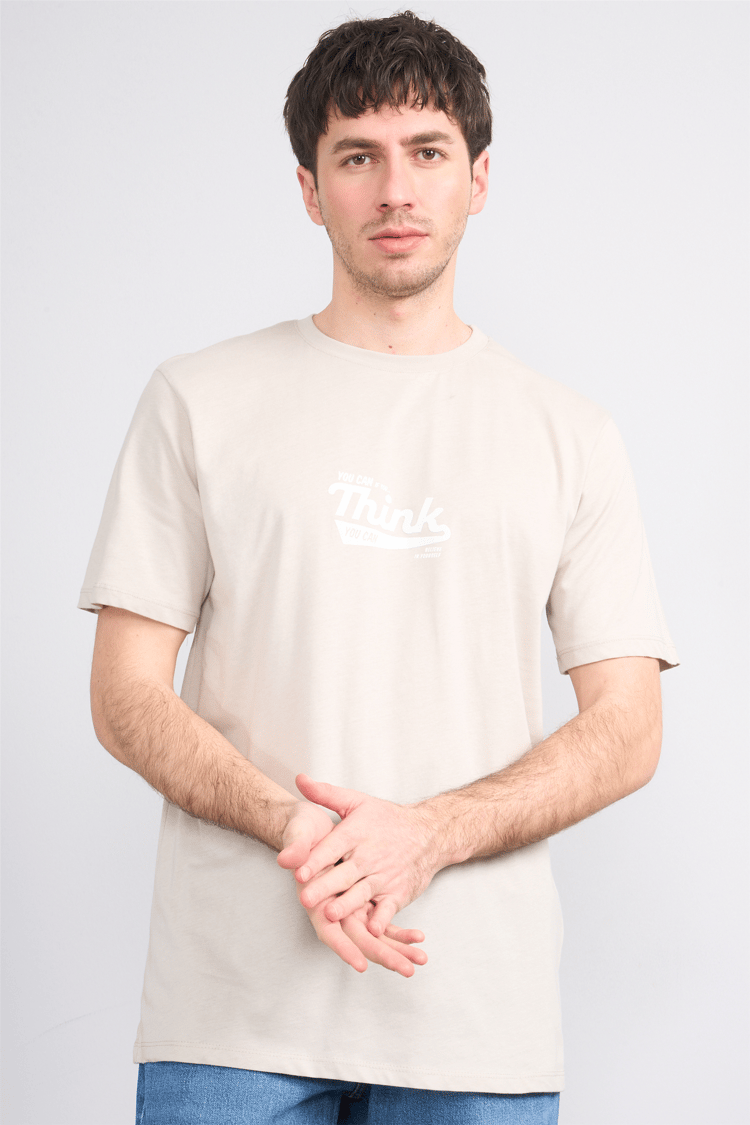 Çetinkaya Mentality 4503 Bisiklet Yaka Regular Baskılı T-shirt Vizon