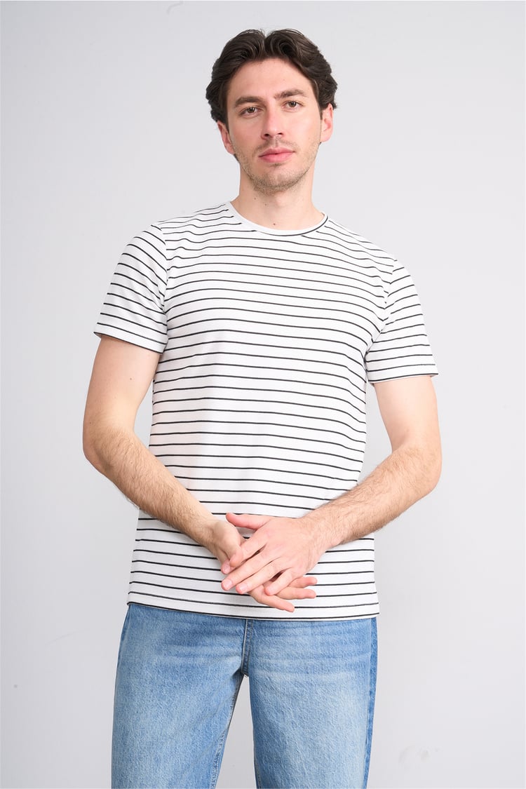 Çetinkaya Mentality 4540 Bisiklet Yaka Regular Çizgili T-shirt Beyaz