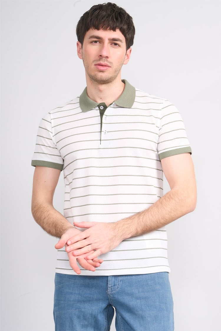 Çetinkaya Mentality 4553 Polo Yaka Regular Çizgili T-shirt Beyaz-Haki