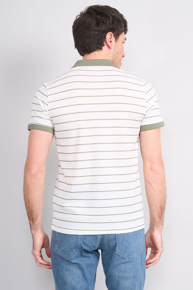 Çetinkaya Mentality 4553 Polo Yaka Regular Çizgili T-shirt Beyaz-Haki