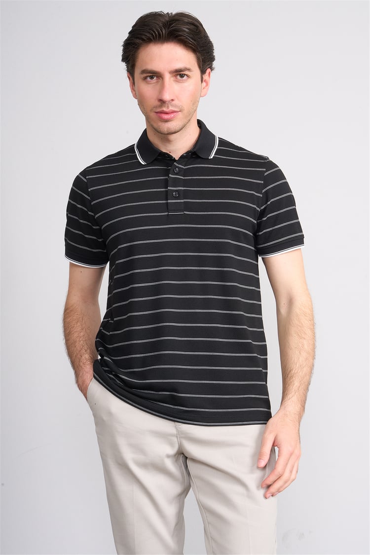Çetinkaya Mentality 4557 Polo Yaka Regular Çizgili T-shirt Siyah-Beyaz