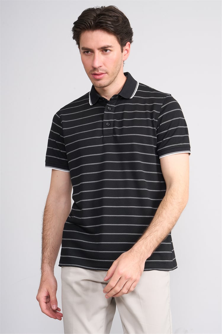 Çetinkaya Mentality 4557 Polo Yaka Regular Çizgili T-shirt Siyah-Beyaz