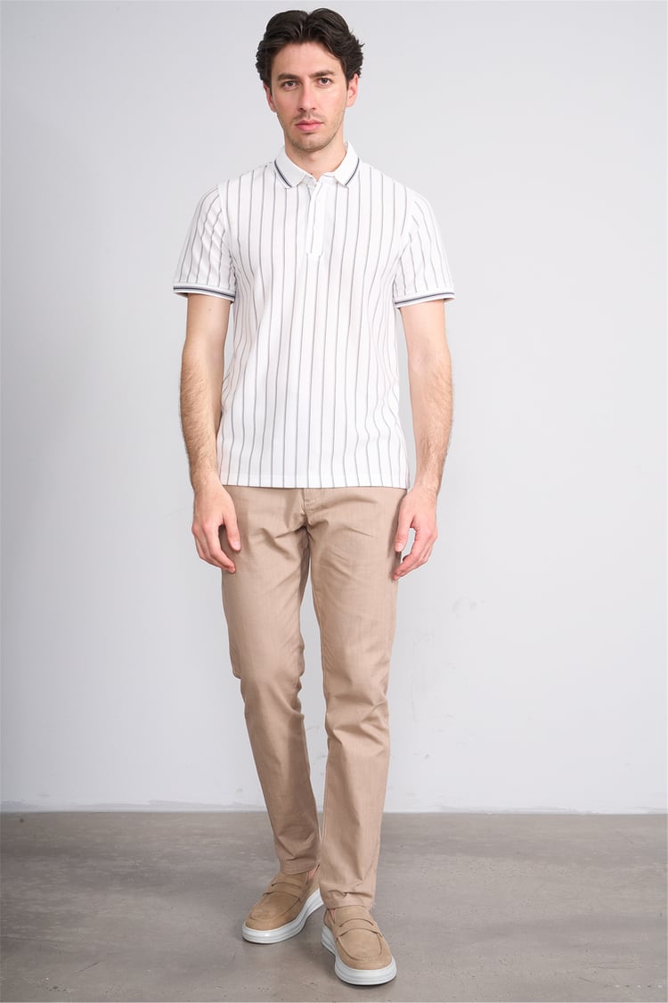 Çetinkaya Mentality 4564 Polo Yaka Regular Çizgili T-shirt Beyaz-Gri