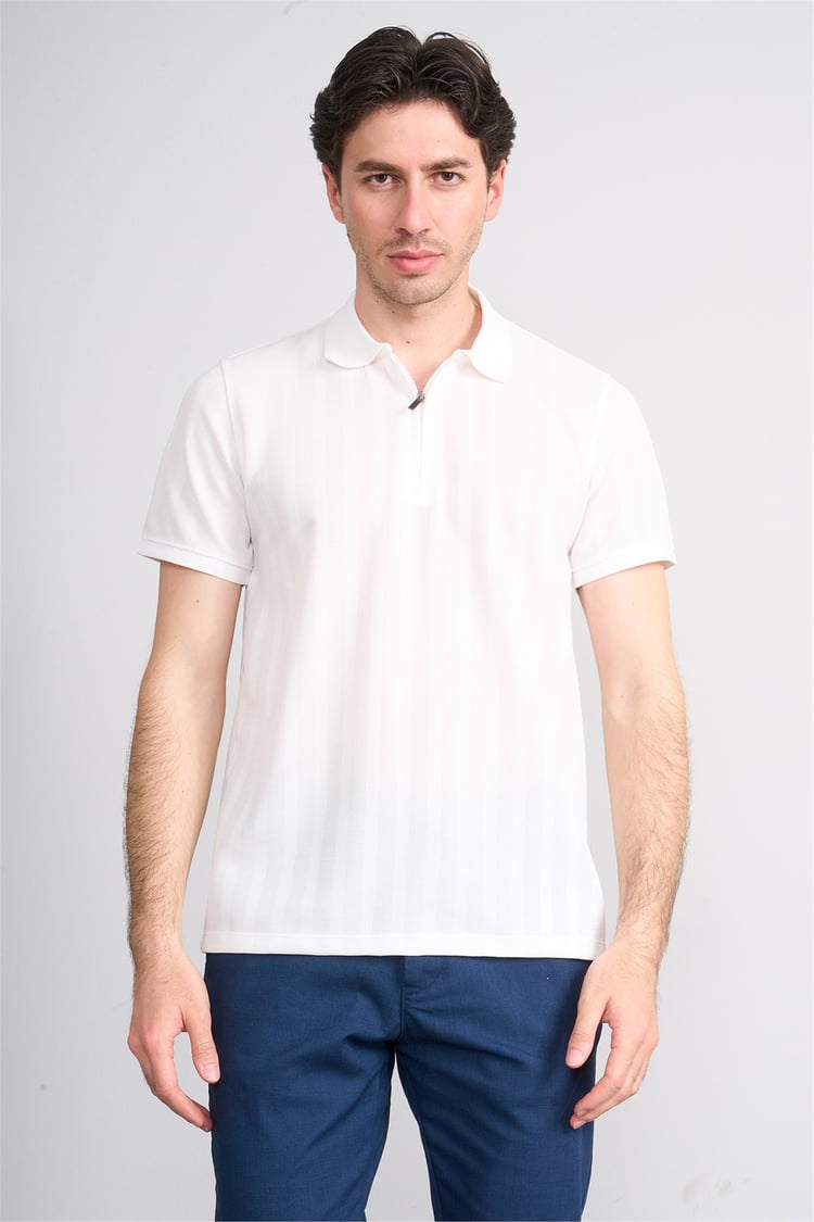 Çetinkaya Mentality 4611 Fermuarlı Polo Yaka Regular Modelli T-shirt Beyaz