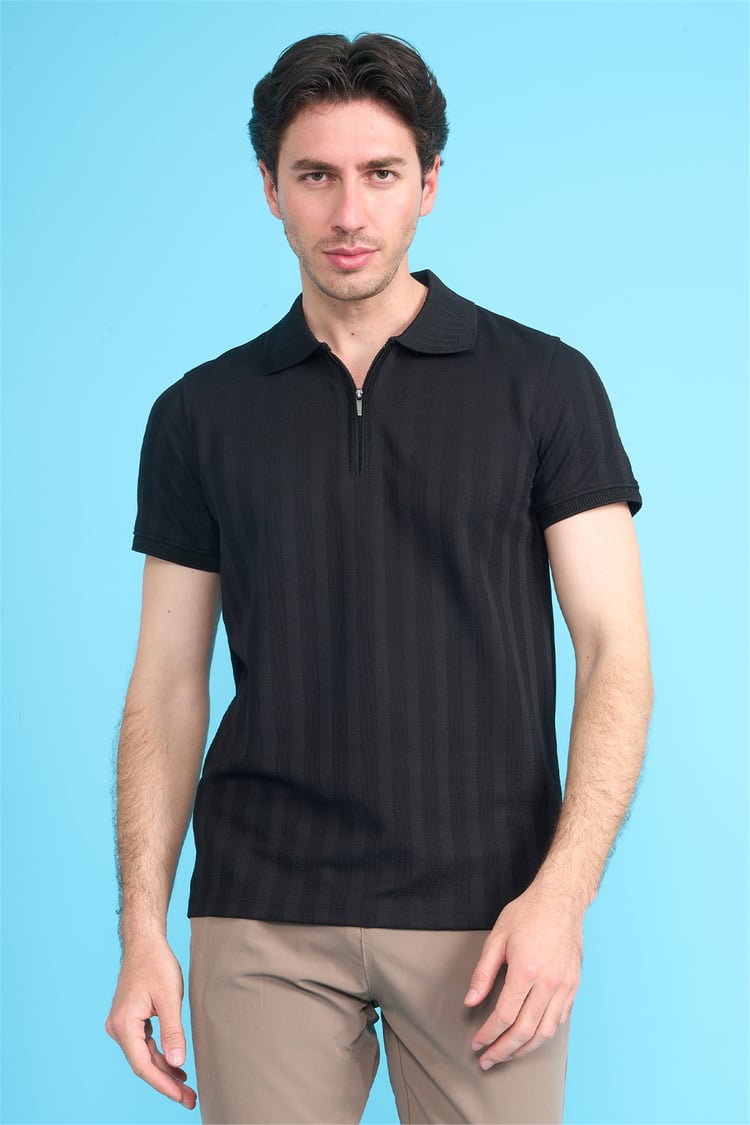 Çetinkaya Mentality 4611 Fermuarlı Polo Yaka Regular Modelli T-shirt Siyah