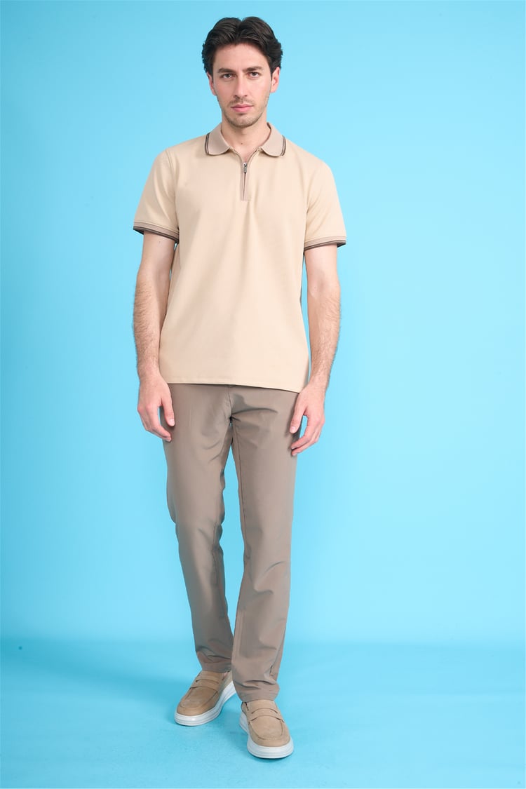 Çetinkaya Mentality 4615 Fermuarlı Polo Yaka Regular Modelli T-shirt Bej