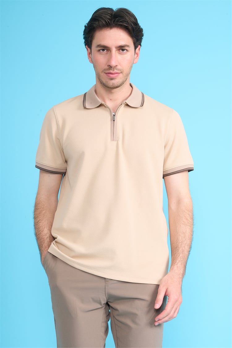 Çetinkaya Mentality 4615 Fermuarlı Polo Yaka Regular Modelli T-shirt Bej