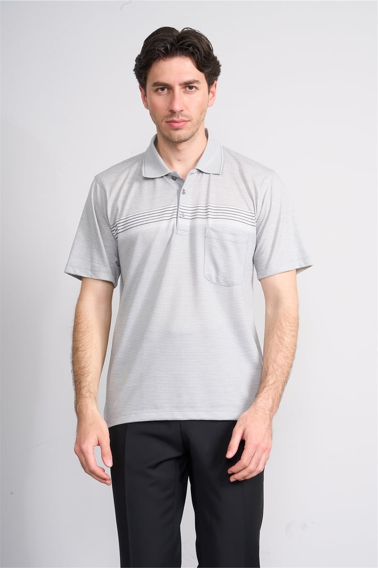 Çetinkaya Mentality 4712 Polo Yaka Regular Ringel Jakar T-shirt Gri