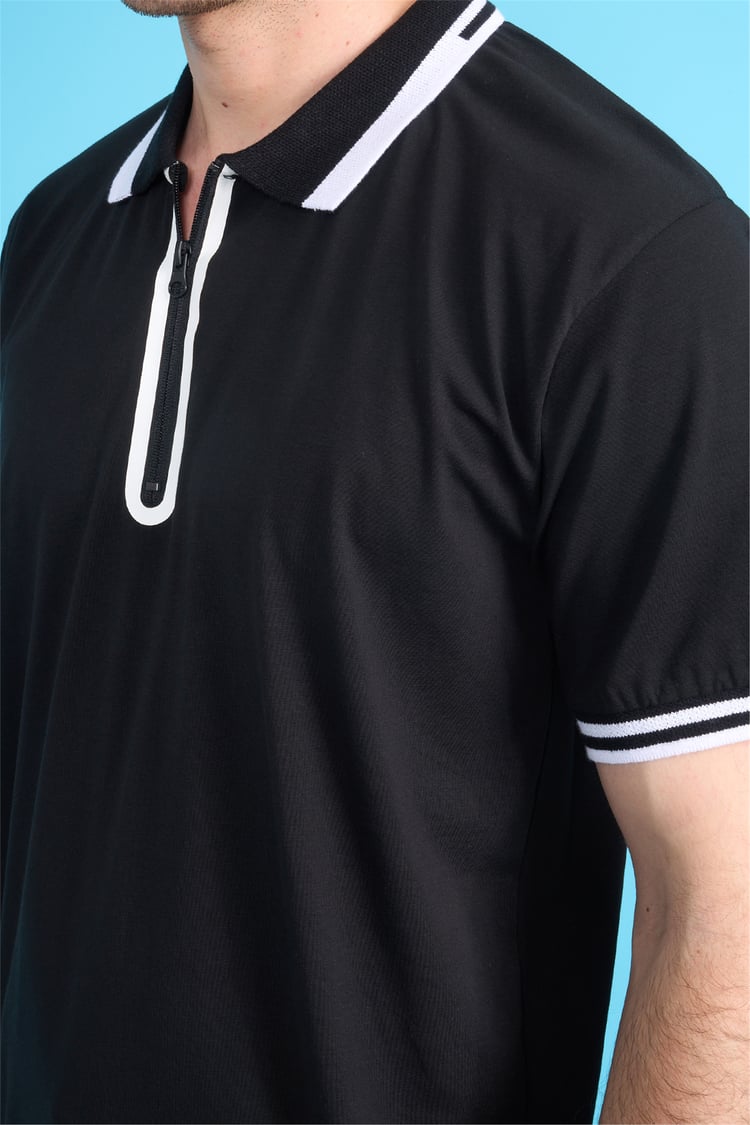 Çetinkaya Mentality 4771 Fermuarlı Polo Yaka Regular 30/1 Penye T-shirt Siyah