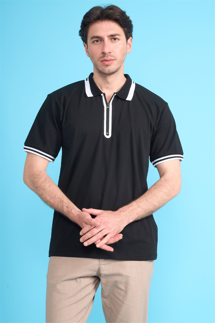 Çetinkaya Mentality 4771 Fermuarlı Polo Yaka Regular 30/1 Penye T-shirt Siyah