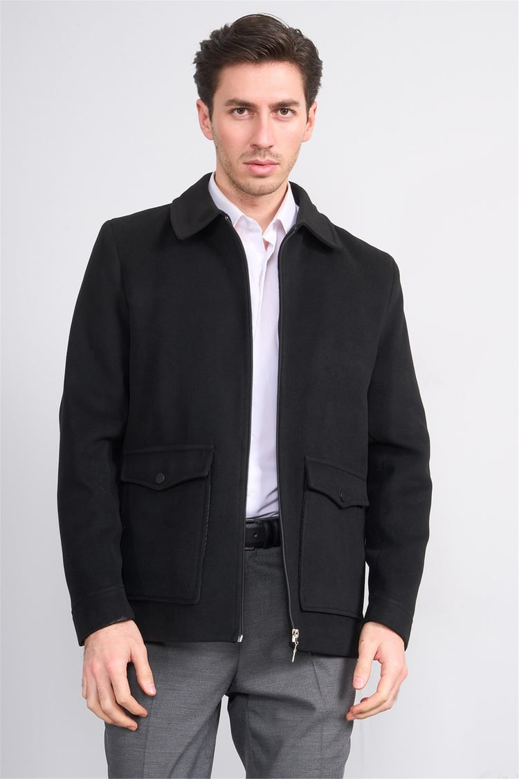 Çetinkaya Mentality 7042 Ceket Yaka Kaşe Kısa Kaban Siyah