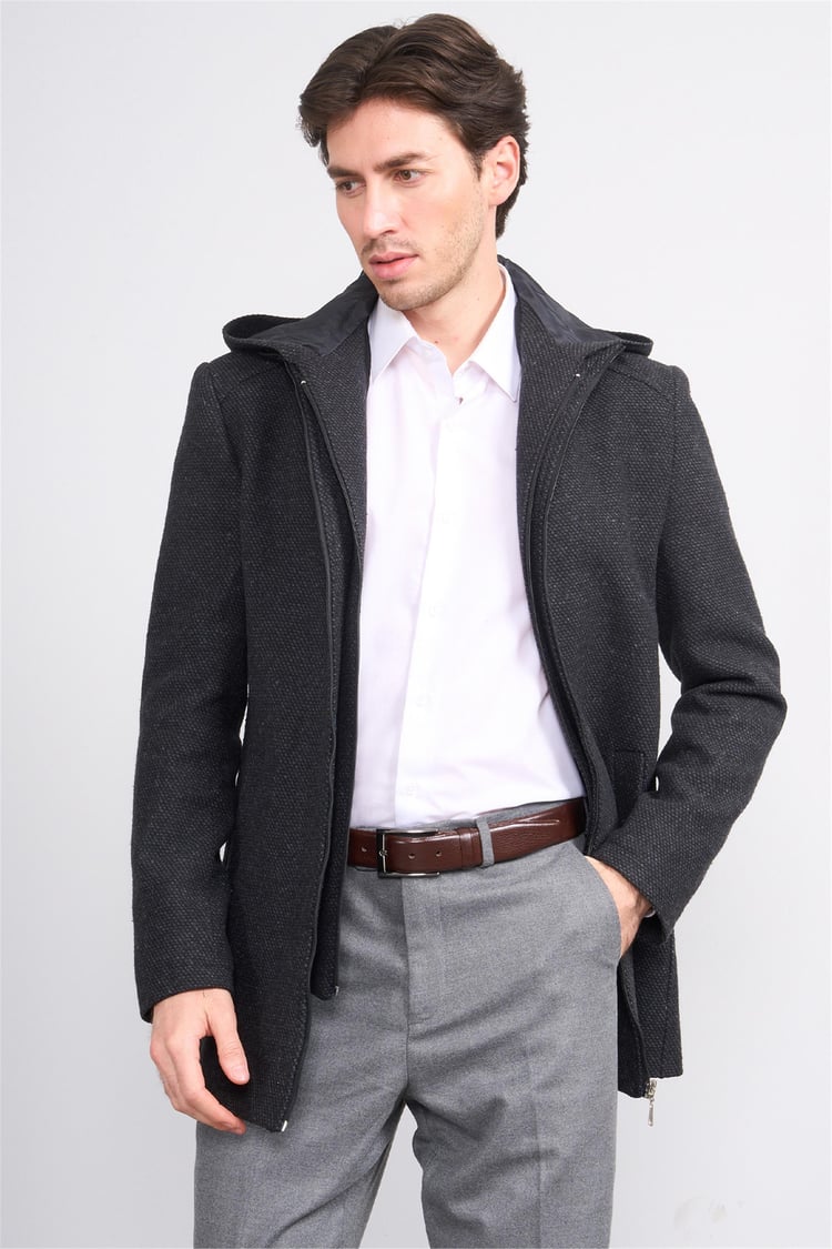 Çetinkaya Mentality 7843 Erkek Kapüşonlu Regular Kaşe Kaban Siyah Üzeri Gri Petek