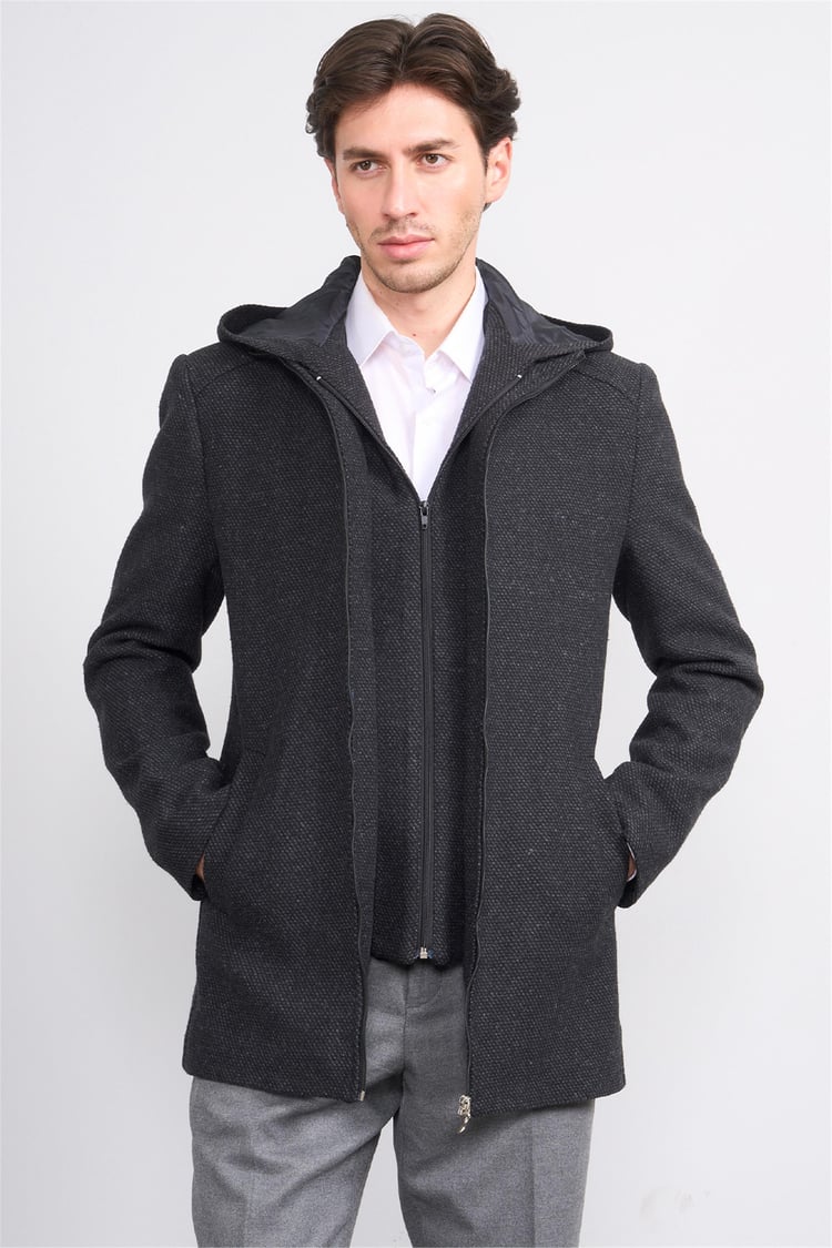 Çetinkaya Mentality 7843 Erkek Kapüşonlu Regular Kaşe Kaban Siyah Üzeri Gri Petek