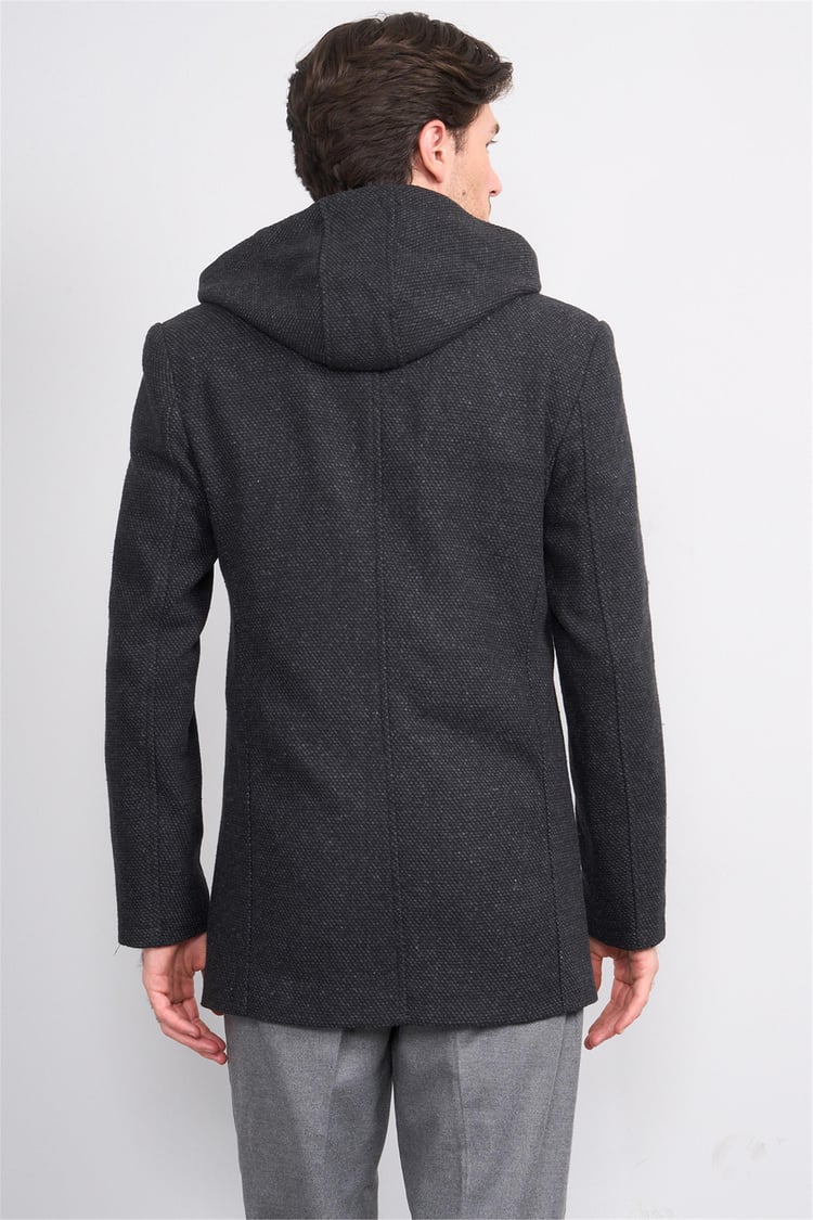 Çetinkaya Mentality 7843 Erkek Kapüşonlu Regular Kaşe Kaban Siyah Üzeri Gri Petek