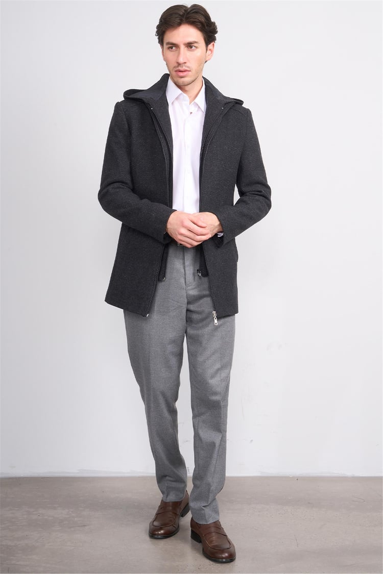 Çetinkaya Mentality 7843 Erkek Kapüşonlu Regular Kaşe Kaban Siyah Üzeri Gri Petek