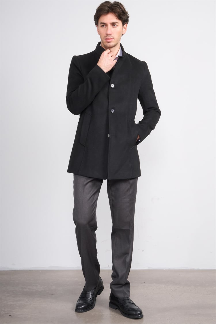 Çetinkaya Mentality 7848 Dik Yaka Kaşe Kaban Siyah