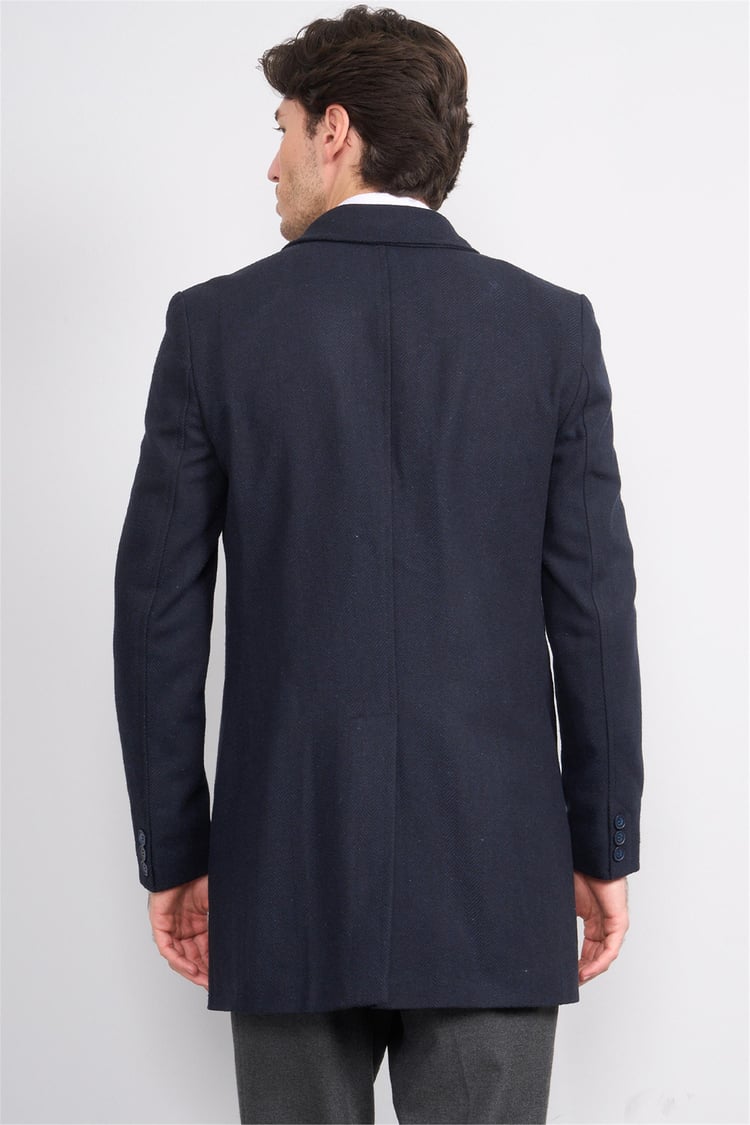 Çetinkaya Mentality 7849 Erkek Mono Yaka Regular Kaşe Kaban Lacivert Balıksırtı