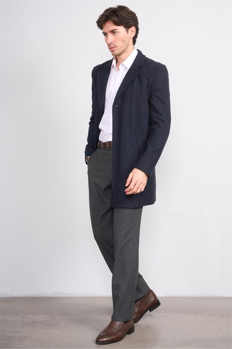 Çetinkaya Mentality 7849 Erkek Mono Yaka Regular Kaşe Kaban Lacivert Balıksırtı