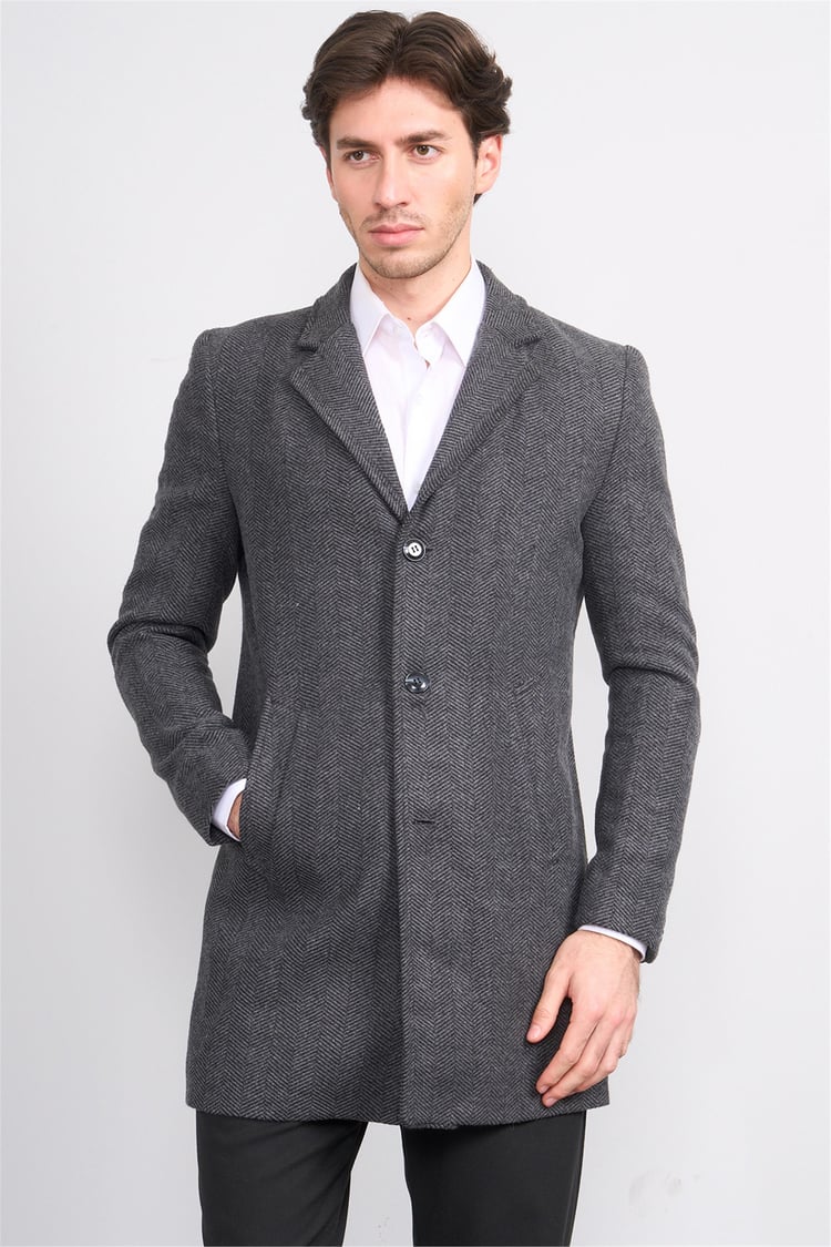 Çetinkaya Mentality 7849 Erkek Mono Yaka Regular Kaşe Kaban Antrasit Balıksırtı