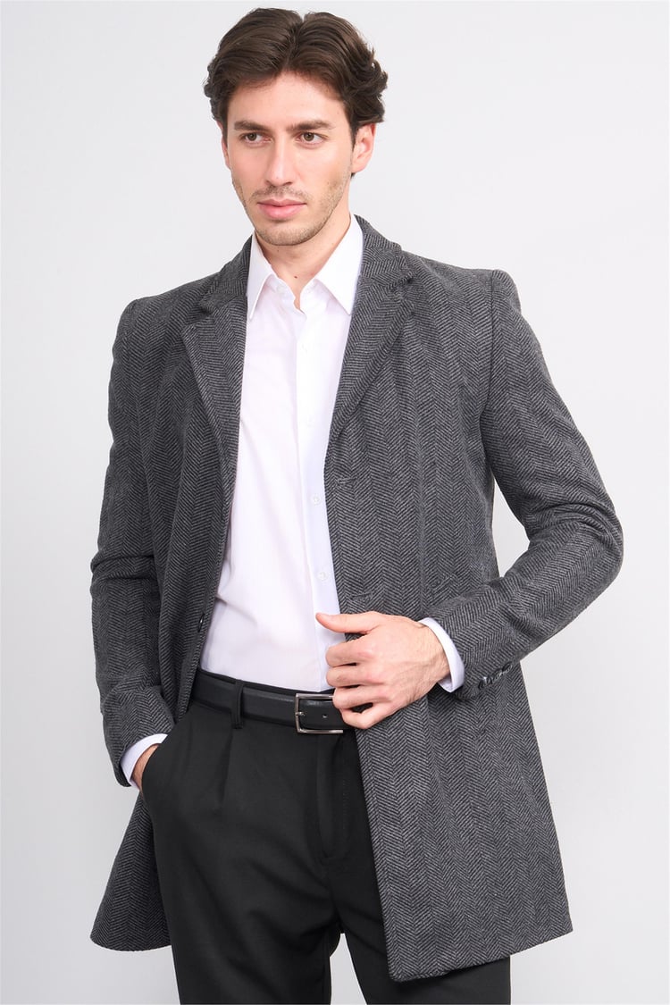 Çetinkaya Mentality 7849 Erkek Mono Yaka Regular Kaşe Kaban Antrasit Balıksırtı