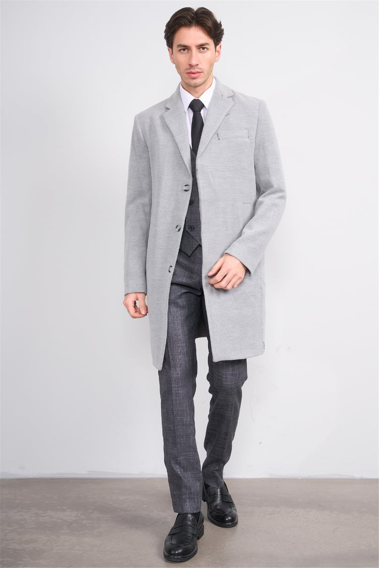 Çetinkaya Mentality 7852 Erkek Mono Yaka Regular Kaşe Kaban Açık Gri