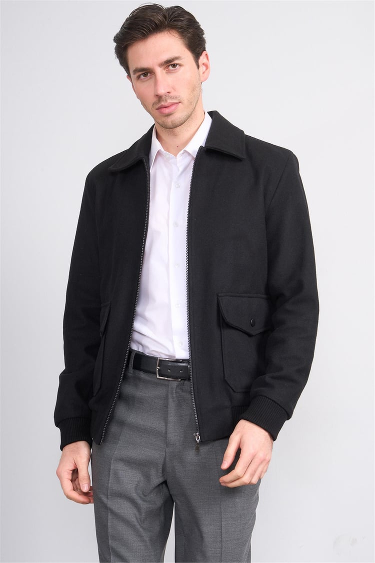 Çetinkaya Mentality 7988 Erkek Yaka Fermuarlı Kaşe Kaban Siyah
