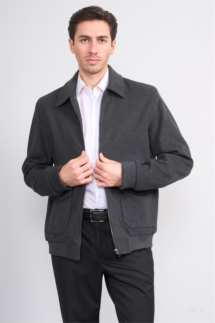 Çetinkaya Mentality 7988 Erkek Yaka Fermuarlı Kaşe Kaban Antrasit