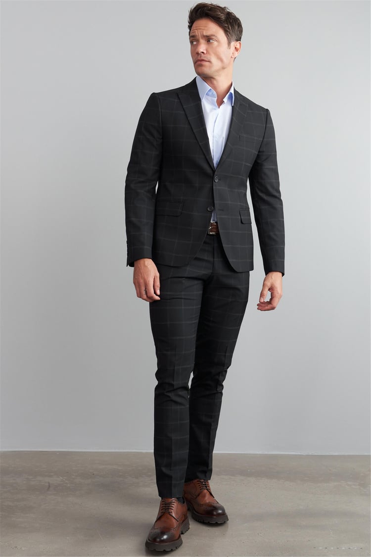 Çetinkaya Mentality 9540 Erkek Yünter Sivri Yaka Slim Fit Takım Elbise Siyah Ekoseli