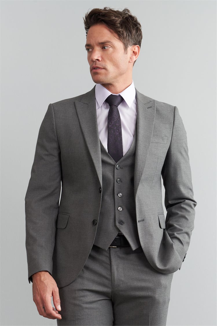 Çetinkaya Mentality 9541 Erkek Yünter Sivri Yaka Slim Fit Yelekli Takım Elbise Füme Çizgili