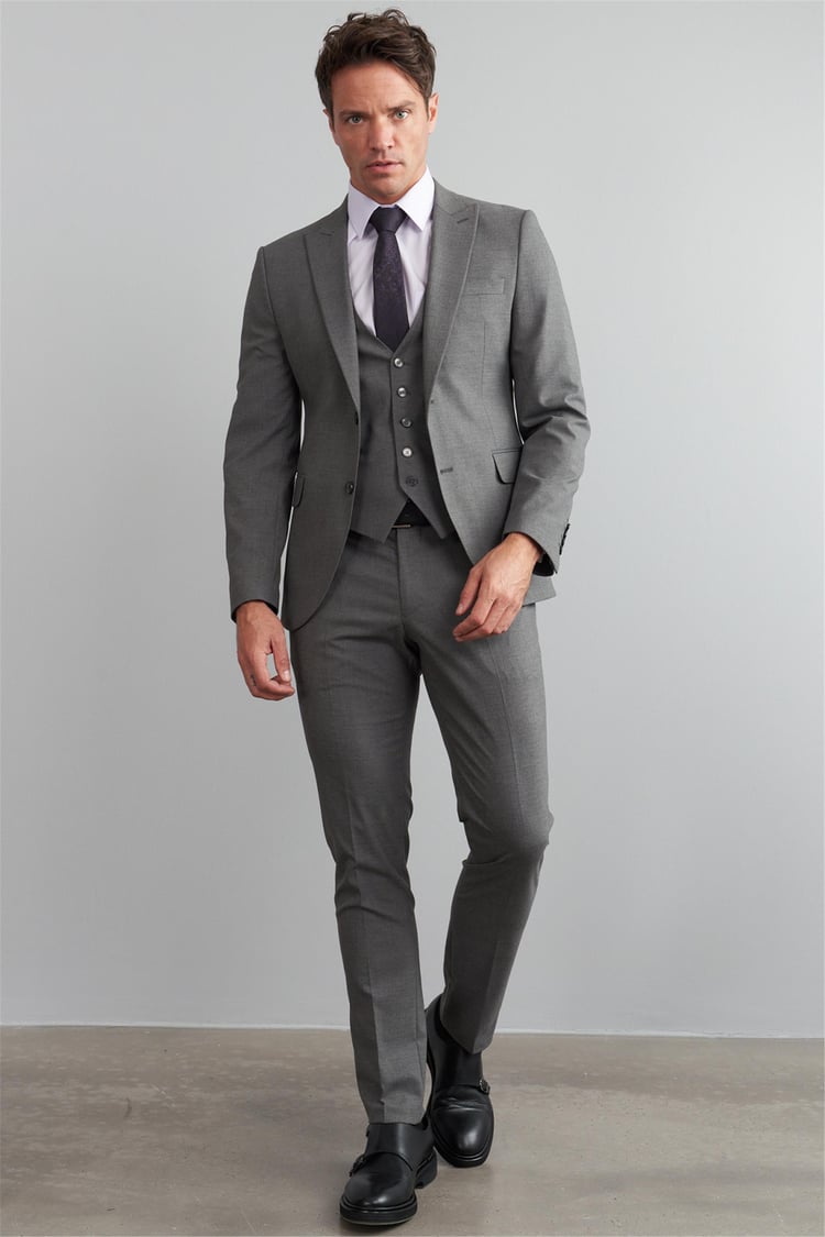 Çetinkaya Mentality 9541 Erkek Yünter Sivri Yaka Slim Fit Yelekli Takım Elbise Füme Çizgili