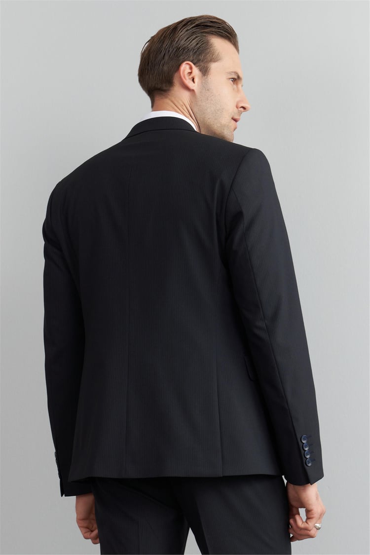 Çetinkaya Mentality 9541 Erkek Yünter Sivri Yaka Slim Fit Yelekli Takım Elbise Lacivert Çizgili