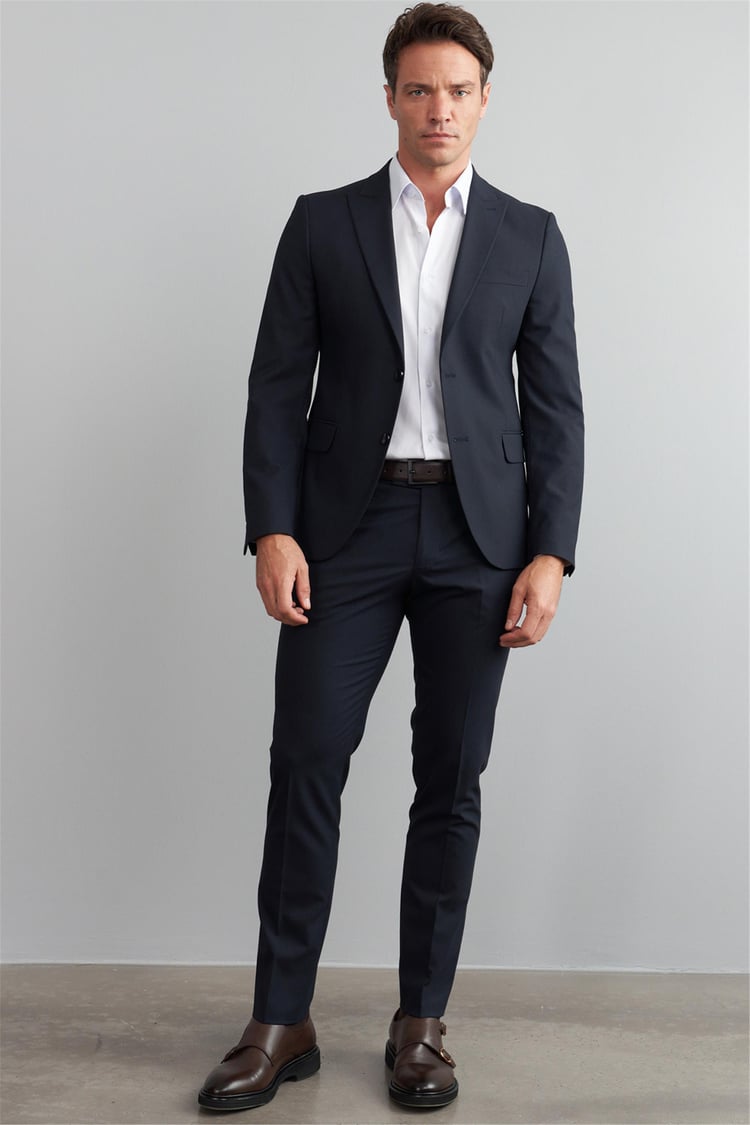 Çetinkaya Mentality 9542 Erkek Yünter Sivri Yaka Slim Fit Takım Elbise Lacivert Çizgili
