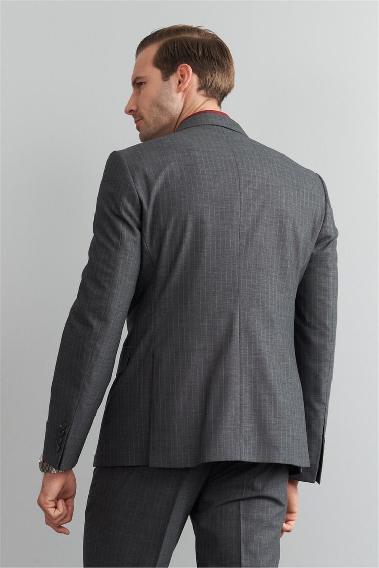 Çetinkaya Mentality 9544 Erkek Yünter Sivri Yaka Slim Fit Takım Elbise Gri Çizgili