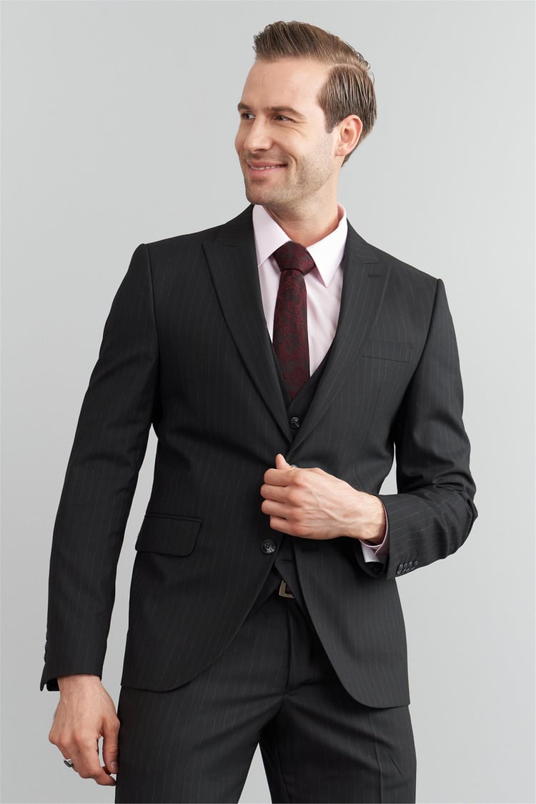 Çetinkaya Mentality 9545 Erkek Yünter Sivri Yaka Slim Fit Yelekli Takım Elbise Siyah Çizgili