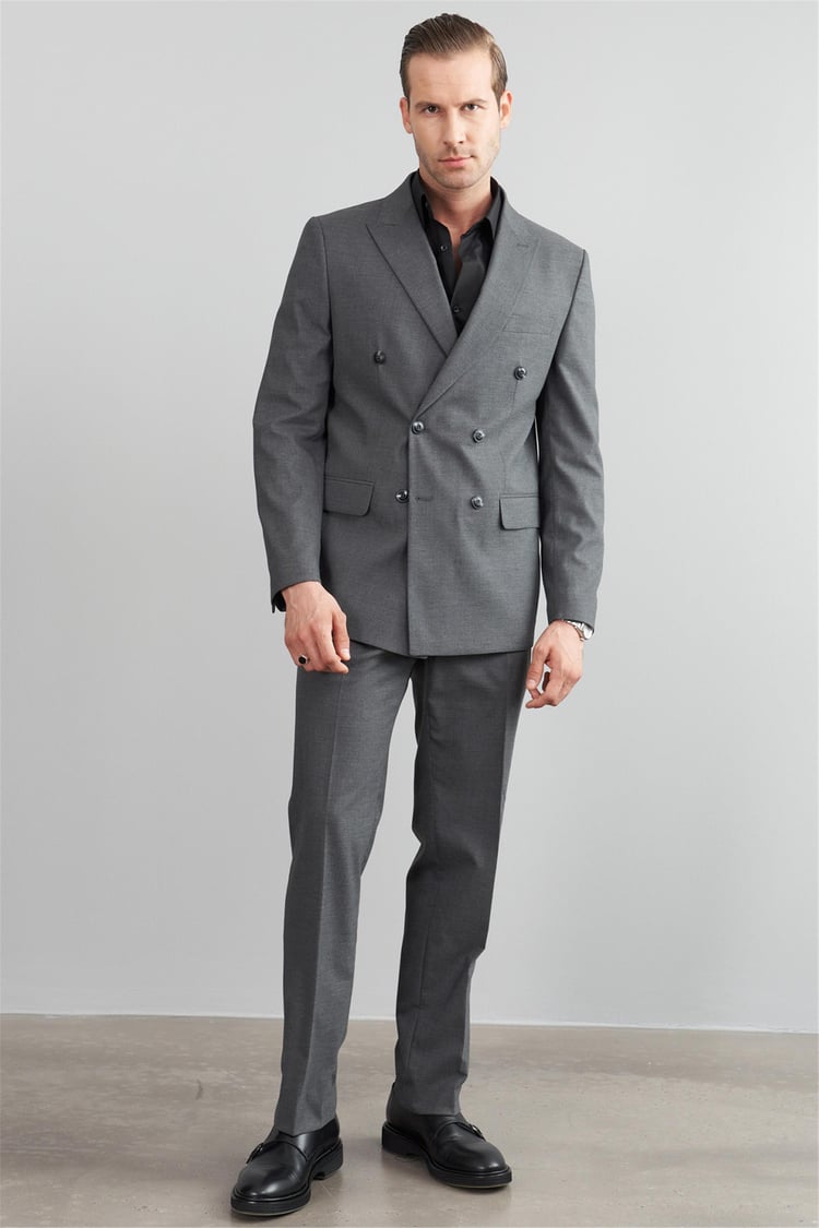 Çetinkaya Mentality 9546 Erkek Yünter Slim Fit Kruvaze Yaka Takım Elbise Gri Çizgili