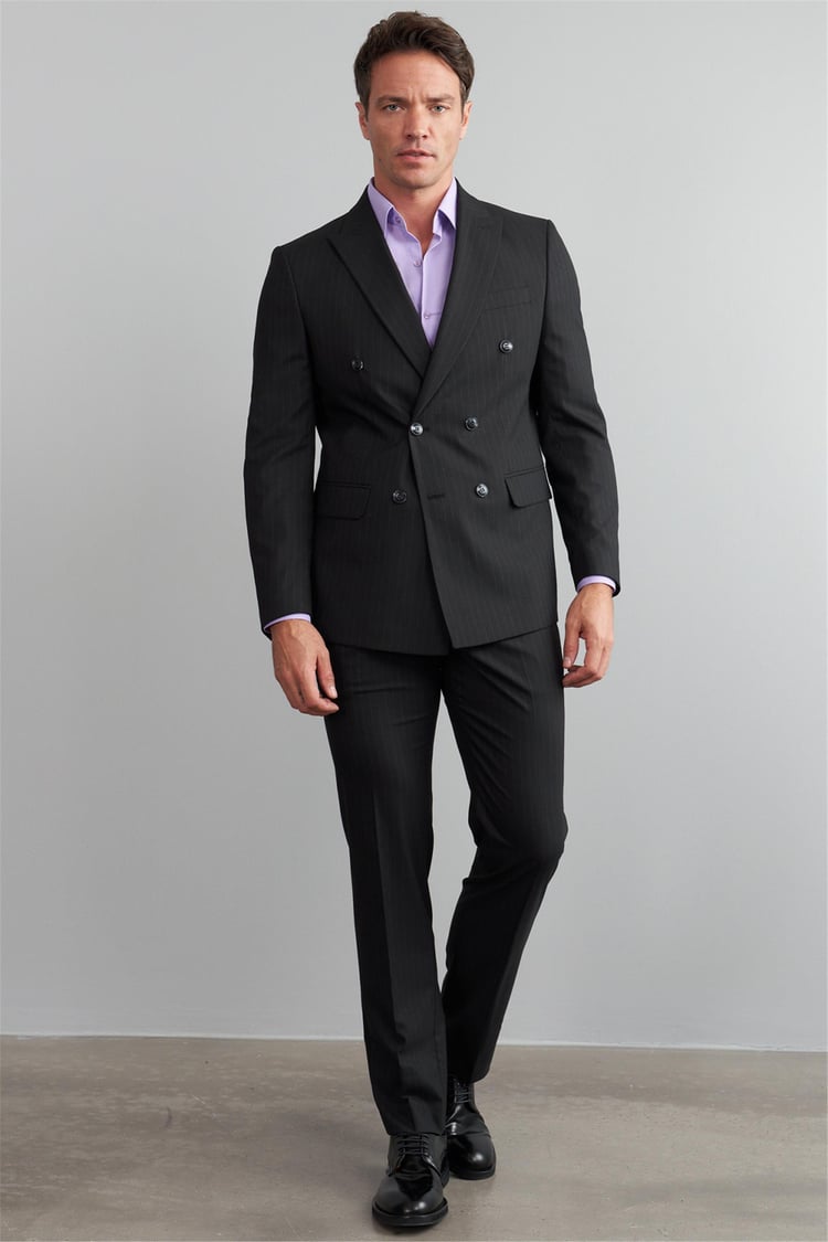 Çetinkaya Mentality 9546 Erkek Yünter Slim Fit Kruvaze Yaka Takım Elbise Siyah Çizgili