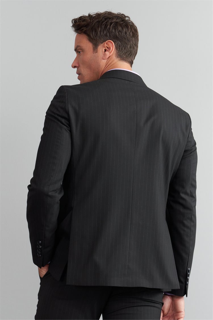 Çetinkaya Mentality 9546 Erkek Yünter Slim Fit Kruvaze Yaka Takım Elbise Siyah Çizgili