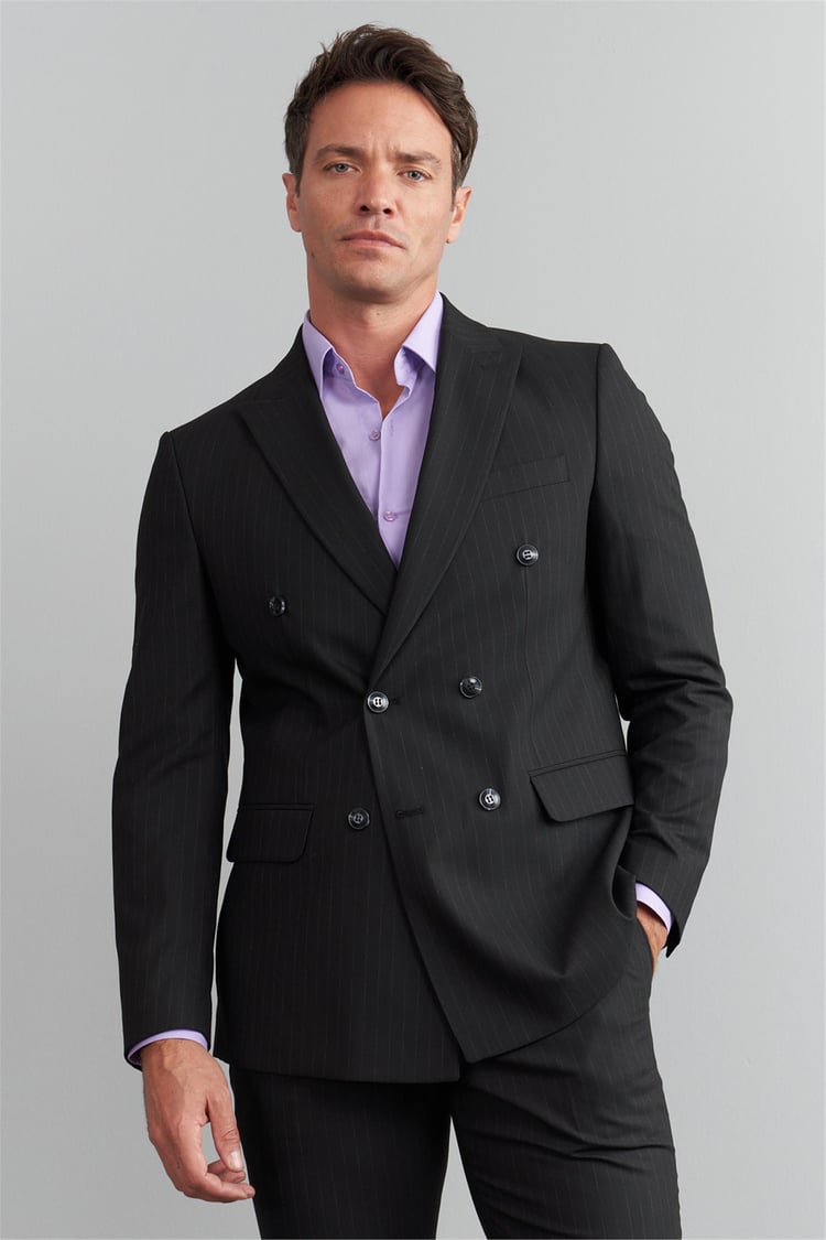 Çetinkaya Mentality 9546 Erkek Yünter Slim Fit Kruvaze Yaka Takım Elbise Siyah Çizgili