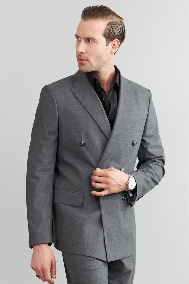 Çetinkaya Mentality 9546 Erkek Yünter Slim Fit Kruvaze Yaka Takım Elbise Gri Çizgili