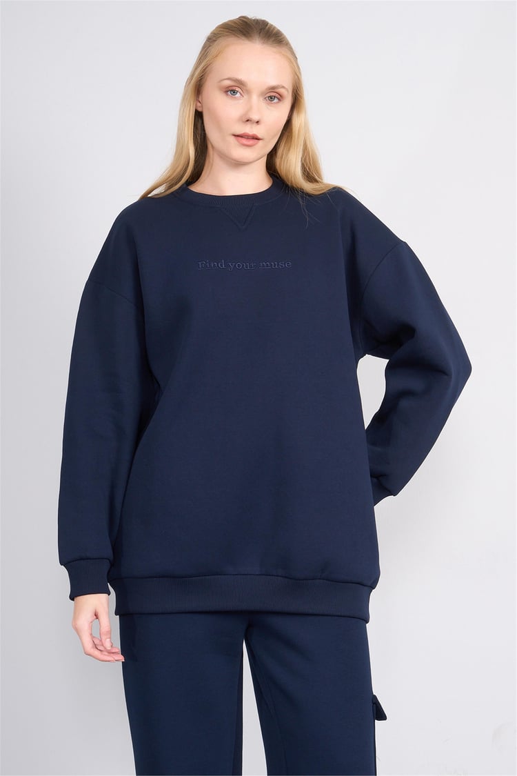 Çetinkaya Miya Mira Modest 8500 Kadın Bisiklet Yaka 3 İplik Loose Fit Sweatshirt Lacivert