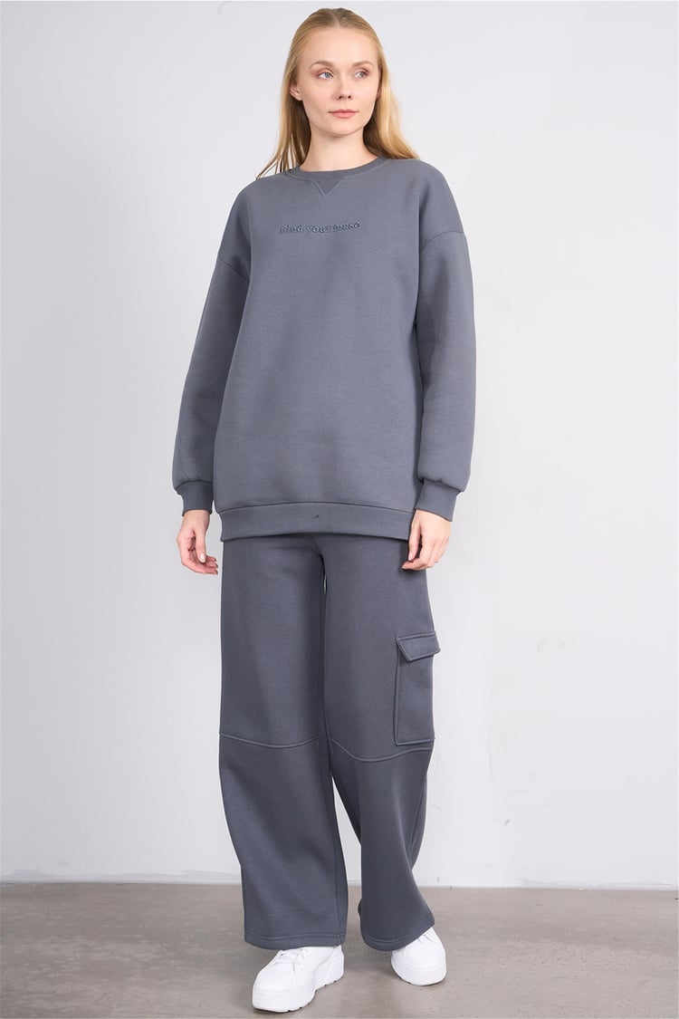 Çetinkaya Miya Mira Modest 8500 Kadın Bisiklet Yaka 3 İplik Loose Fit Sweatshirt Koyu Gri