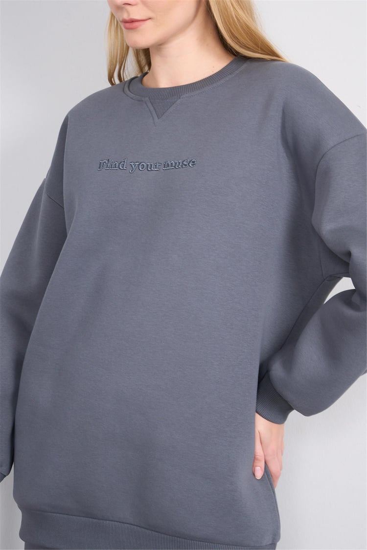 Çetinkaya Miya Mira Modest 8500 Kadın Bisiklet Yaka 3 İplik Loose Fit Sweatshirt Koyu Gri