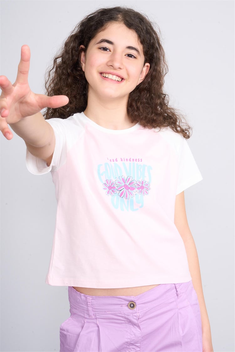 Chester Polo 32476 Kız Çocuk Penye Baskılı Bisiklet Yaka Crop T-shirt 4-12 Yaş Açık Pembe