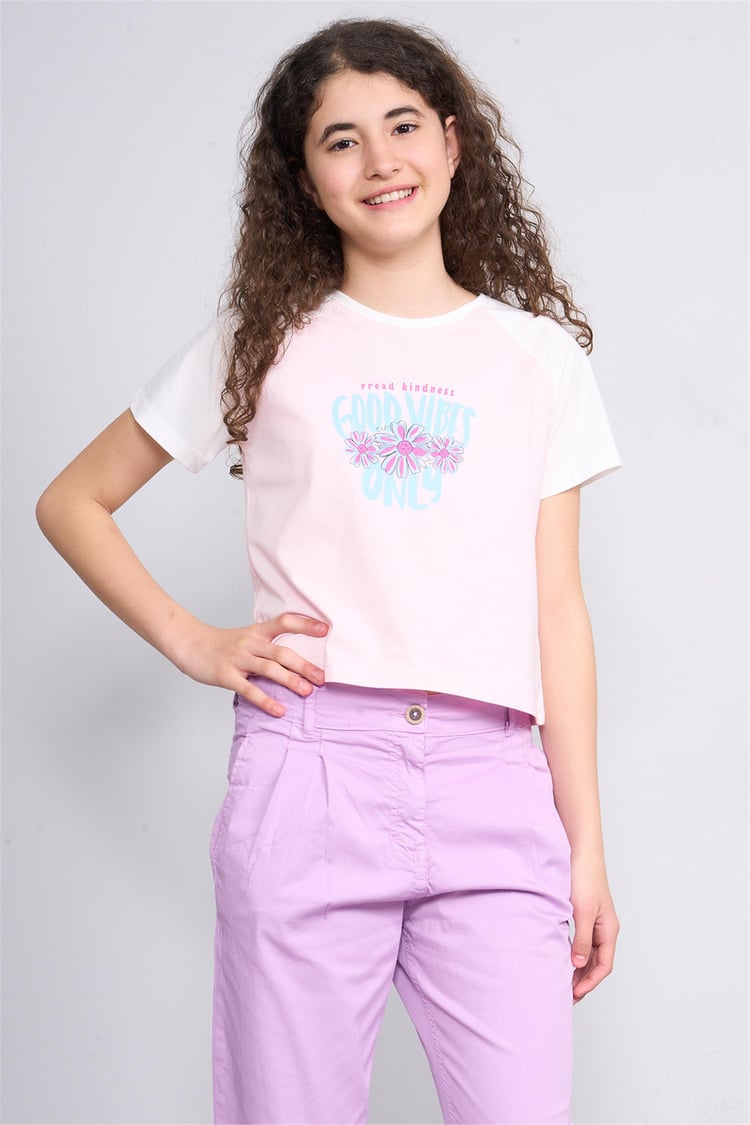 Chester Polo 32476 Kız Çocuk Penye Baskılı Bisiklet Yaka Crop T-shirt 4-12 Yaş Açık Pembe
