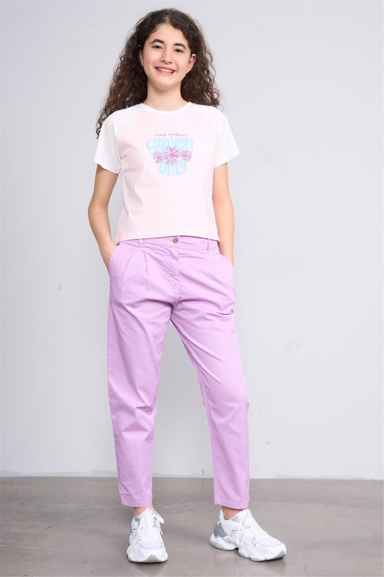 Chester Polo 32476 Kız Çocuk Penye Baskılı Bisiklet Yaka Crop T-shirt 4-12 Yaş Açık Pembe