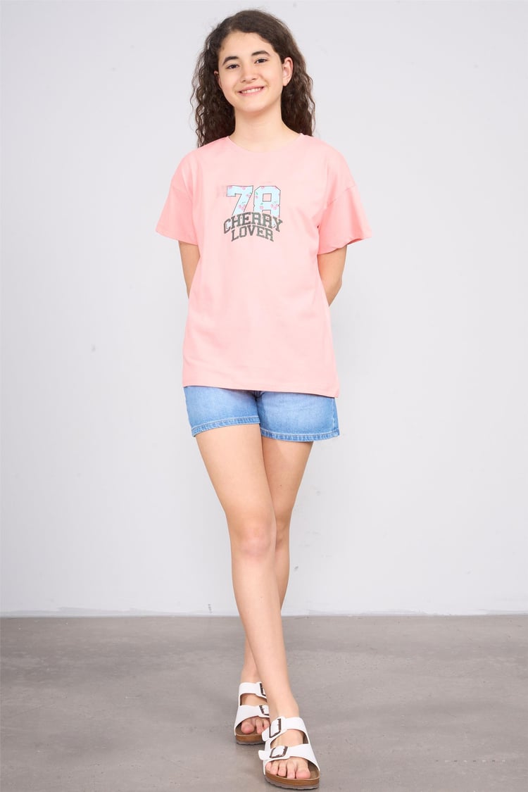 Chester Polo 32557 Kız Çocuk Penye Baskılı Bisiklet Yaka T-shirt 4-12 Yaş Açık Somon