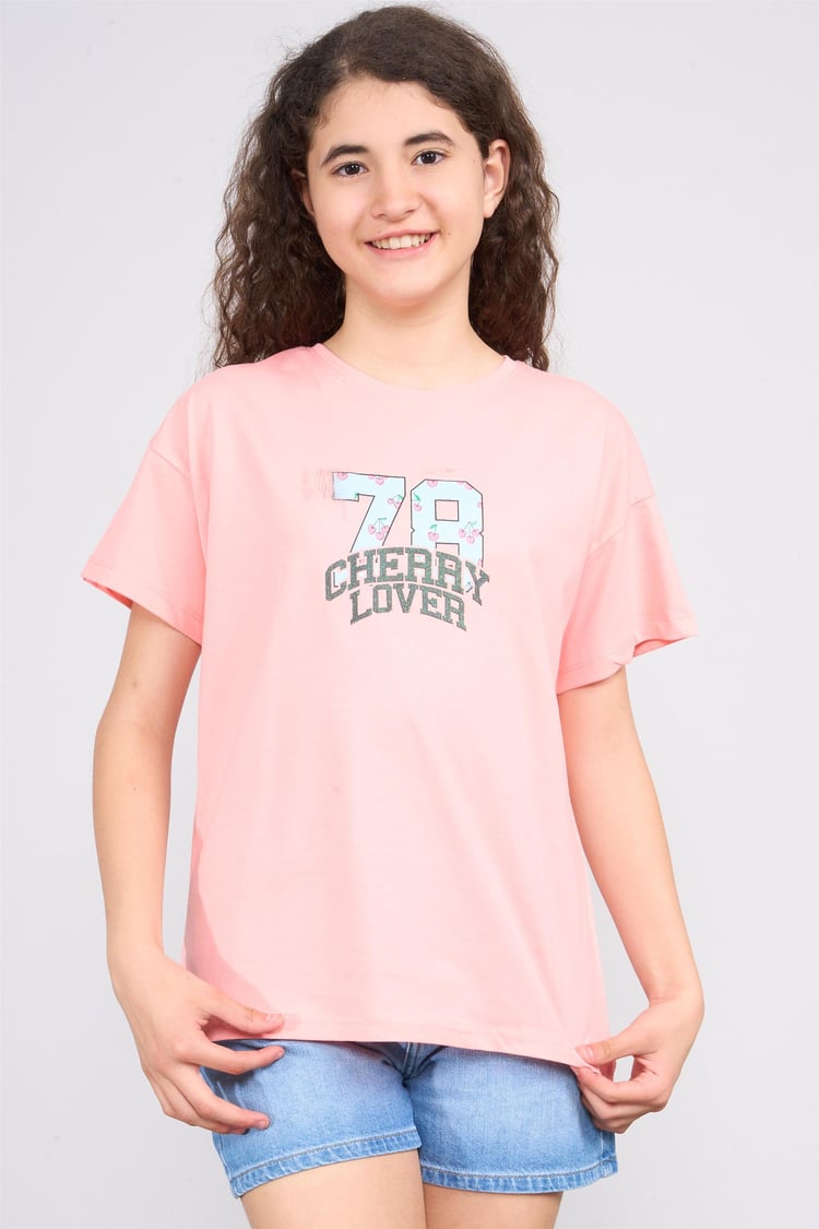 Chester Polo 32557 Kız Çocuk Penye Baskılı Bisiklet Yaka T-shirt 4-12 Yaş Açık Somon