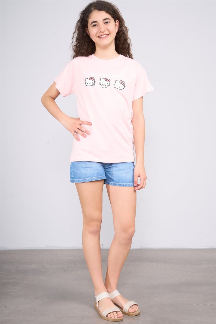 Chester Polo 32579 Kız Çocuk Bisiklet Yaka Penye Hello Kitty T-shirt 4-12 Yaş Şerbet Pembe