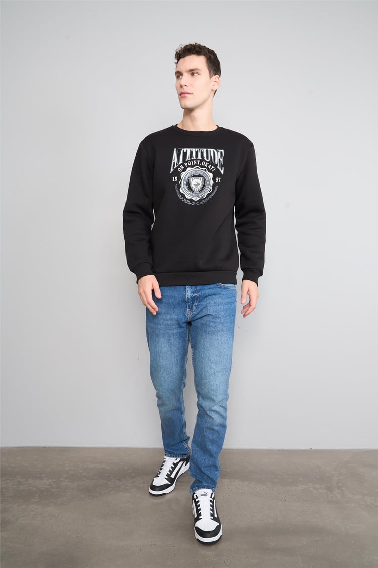 Chester Polo 3572 Bisiklet Yaka 3 İplik Şardonlu Baskılı Siyah Sweatshirt