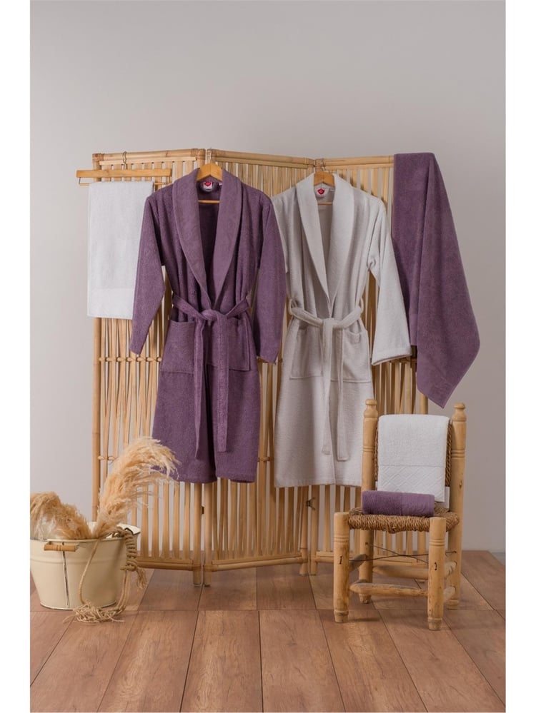 Cotton Box Jakarlı Aıle Bornoz Setı Camılla Murdum-Grı